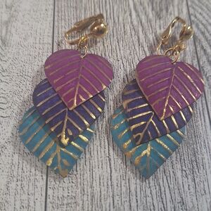 Elegant Clip-on Majenta, Purple, And Turquise Leaf Earrings Goldtone